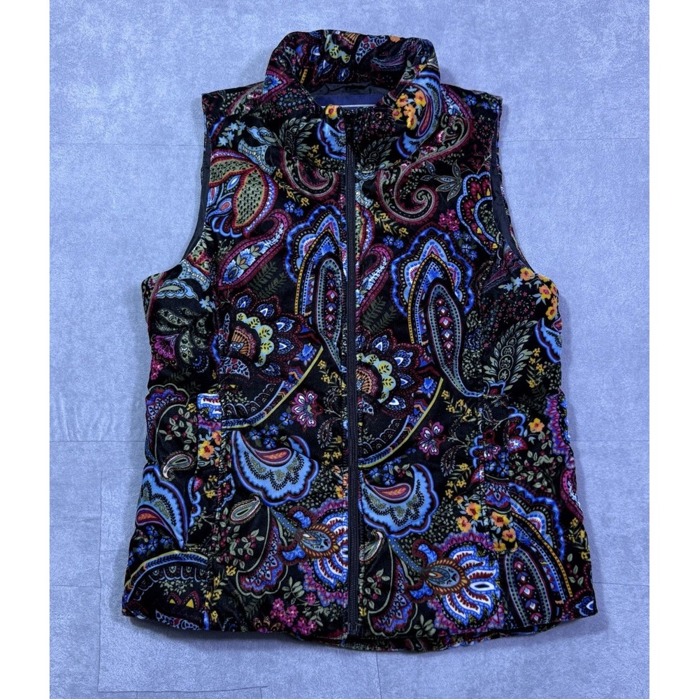 Lands End Puffer Vest Womens S (6-10) Duck Down Paisley Floral Velvet Boho